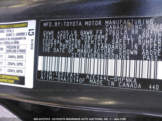 2T1LE40E89C009064 - 2009 TOYOTA COROLLA MATRIX S GRAY photo 9