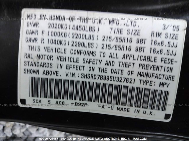 SHSRD78995U327621 - 2005 HONDA CR-V SE/EX BLACK photo 9