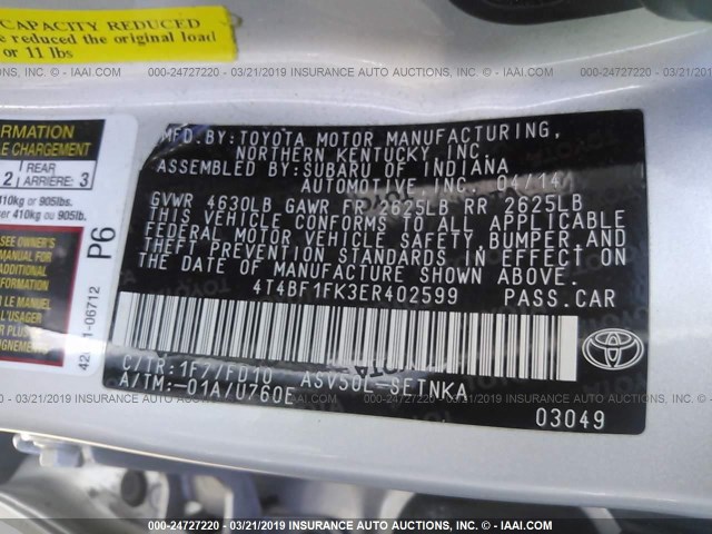 4T4BF1FK3ER402599 - 2014 TOYOTA CAMRY L/SE/LE/XLE 银色 照片 9
