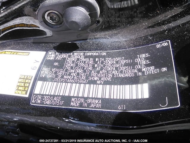 JTEEP21A860159647 - 2006 TOYOTA HIGHLANDER LIMITED BLACK photo 9