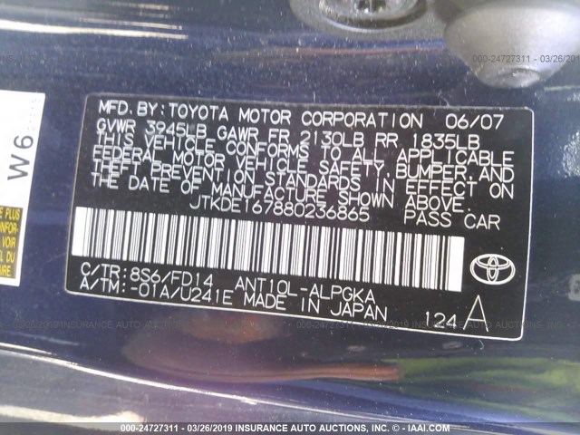 JTKDE167880236865 - 2008 TOYOTA SCION TC ლურჯი ფოტო 9