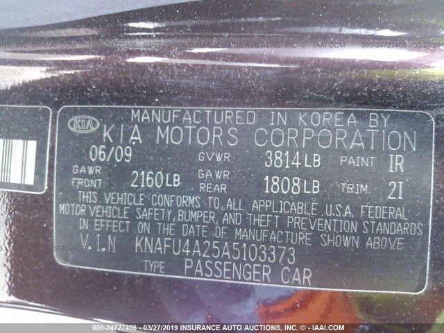 KNAFU4A25A5103373 - 2010 KIA FORTE EX PURPLE photo 9