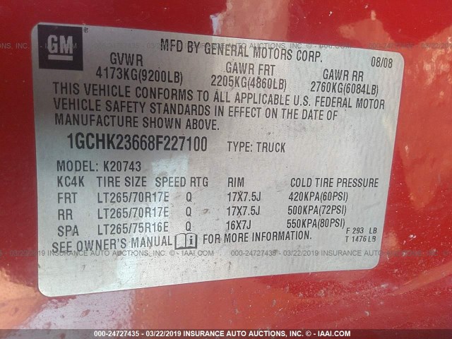 1GCHK23668F227100 - 2008 CHEVROLET SILVERADO K2500 HEAVY DUTY RED photo 9