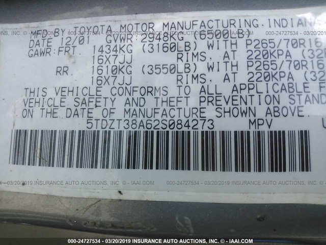 5TDZT38A62S084273 - 2002 TOYOTA SEQUOIA LIMITED SILVER photo 9