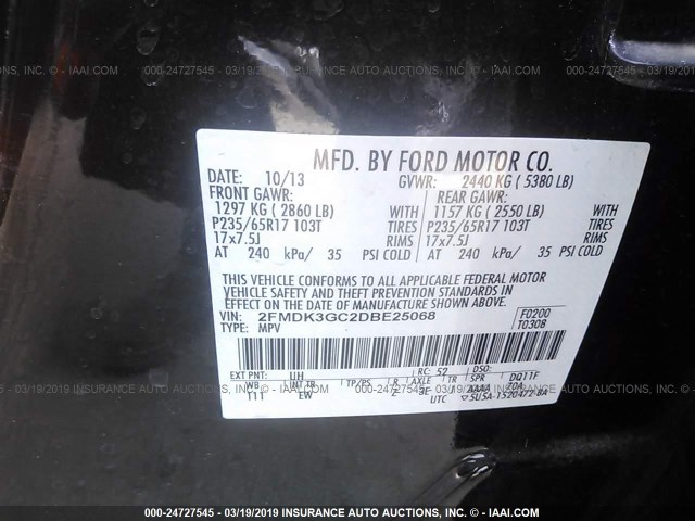 2FMDK3GC2DBE25068 - 2013 FORD EDGE SE BLACK photo 9