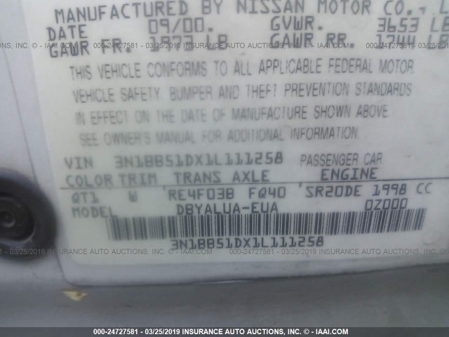 3N1BB51DX1L111258 - 2001 NISSAN SENTRA SE WHITE photo 9