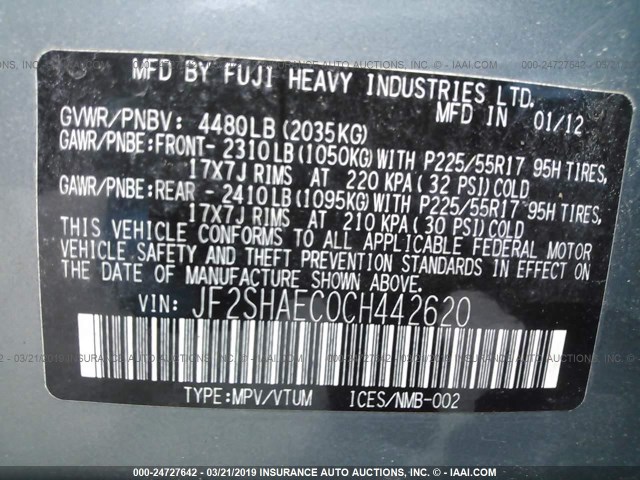 JF2SHAEC0CH442620 - 2012 SUBARU FORESTER LIMITED BLUE photo 9