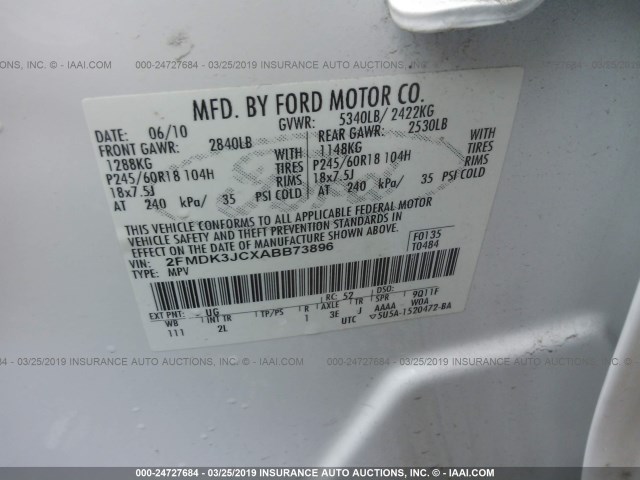 2FMDK3JCXABB73896 - 2010 FORD EDGE SEL WHITE photo 9