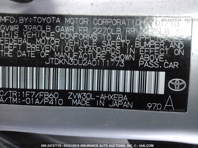 JTDKN3DU2A0111773 - 2010 TOYOTA PRIUS Gümüş foto 9