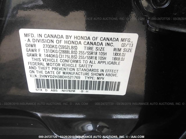 2HNYD2H38DH521769 - 2013 ACURA MDX TECHNOLOGY GRAY photo 9