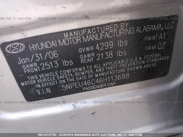 5NPEU46C46H113688 - 2006 HYUNDAI SONATA GLS/LX TAN photo 9