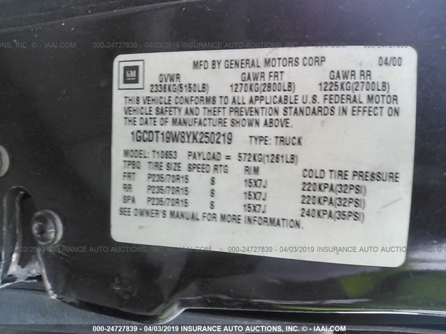 1GCDT19W8YK250219 - 2000 CHEVROLET S TRUCK S10 BLACK photo 9