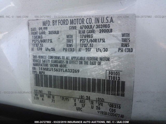 1FMRU1563YLA33269 - 2000 FORD EXPEDITION XLT WHITE photo 9