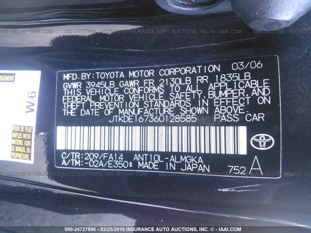 JTKDE167360128585 - 2006 TOYOTA SCION TC შავი ფოტო 9
