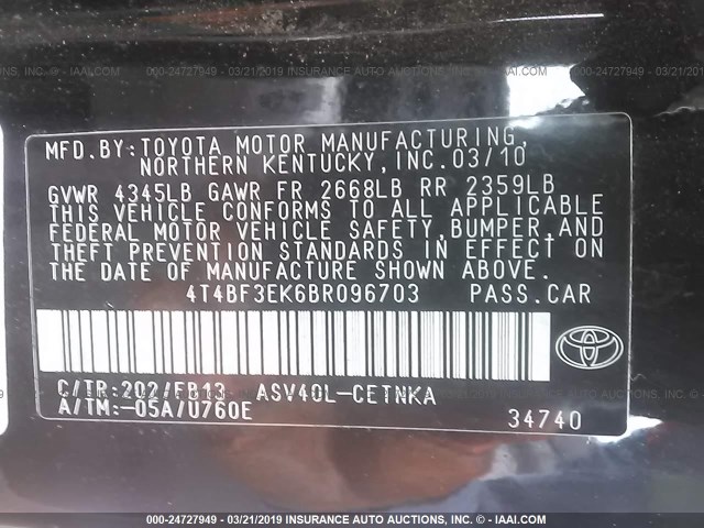 4T4BF3EK6BR096703 - 2011 TOYOTA CAMRY SE/LE/XLE BLACK photo 9