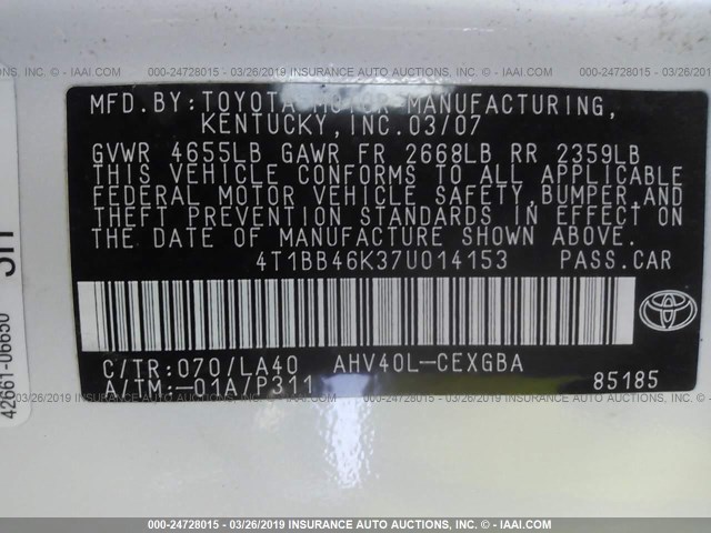 4T1BB46K37U014153 - 2007 TOYOTA CAMRY NEW GENERAT HYBRID WHITE photo 9