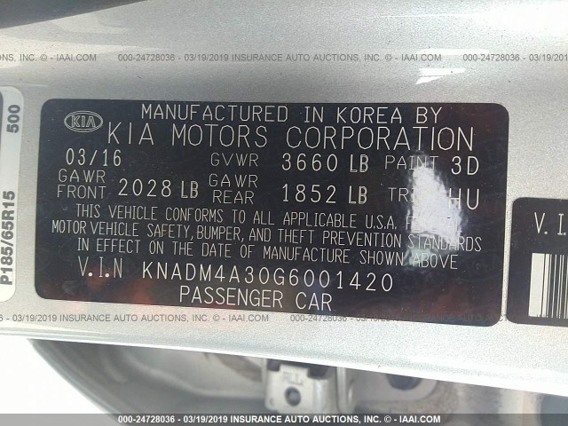 KNADM4A30G6001420 - 2016 KIA RIO LX SILVER photo 9