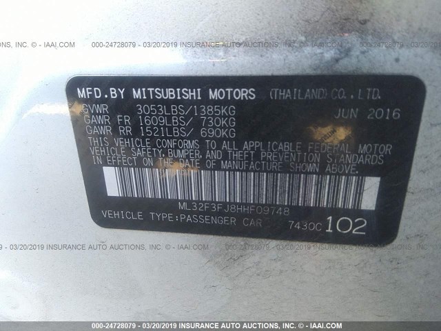 ML32F3FJ8HHF09748 - 2017 MITSUBISHI MIRAGE G4 ES თეთრი ფოტო 9