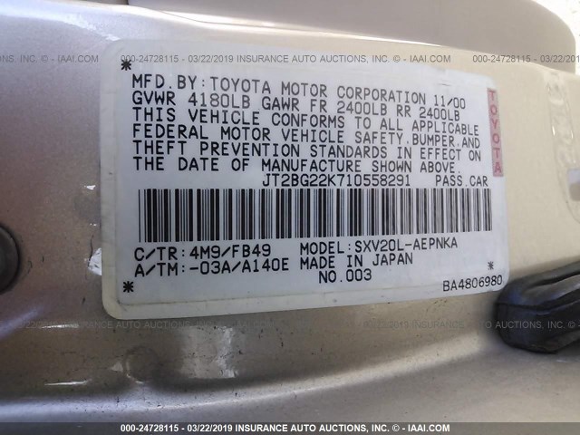 JT2BG22K710558291 - 2001 TOYOTA CAMRY CE/LE/XLE 香槟色 照片 9