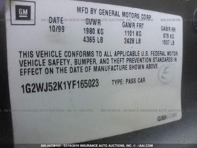 1G2WJ52K1YF165023 - 2000 PONTIAC GRAND PRIX SE WHITE photo 9