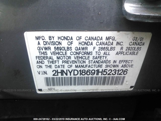 2HNYD18691H523126 - 2001 ACURA MDX TOURING GRAY photo 9