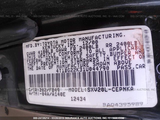 4T1BG22K31U044790 - 2001 TOYOTA CAMRY CE/LE/XLE BLACK photo 9