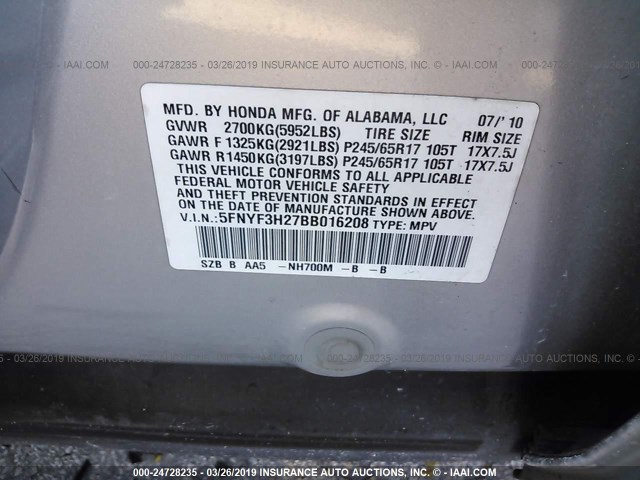 5FNYF3H27BB016208 - 2011 HONDA PILOT LX SILVER photo 9