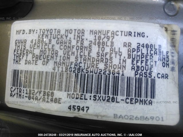 4T1BG28K5WU223041 - 1998 TOYOTA CAMRY CE/LE/XLE 银色 照片 9