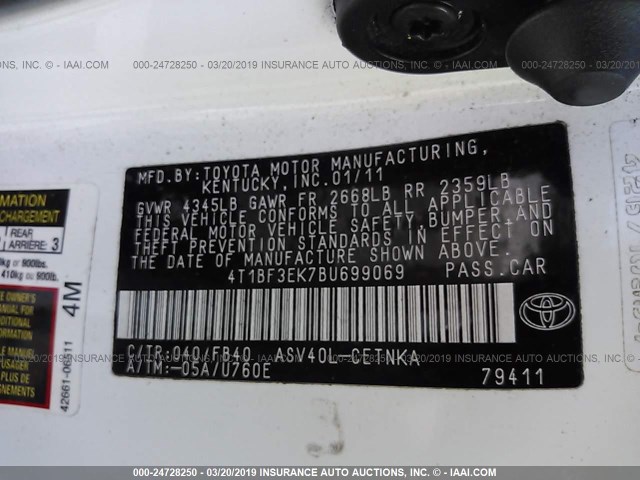 4T1BF3EK7BU699069 - 2011 TOYOTA CAMRY SE/LE/XLE 白色 照片 9