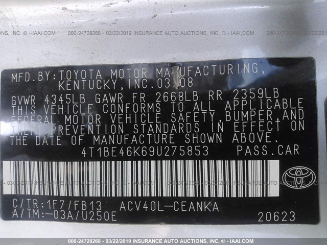 4T1BE46K69U275853 - 2009 TOYOTA CAMRY SE/LE/XLE 银色 照片 9