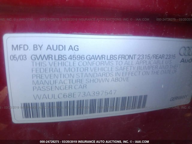 WAULC68E73A397547 - 2003 AUDI A4 1.8T QUATTRO RED photo 9