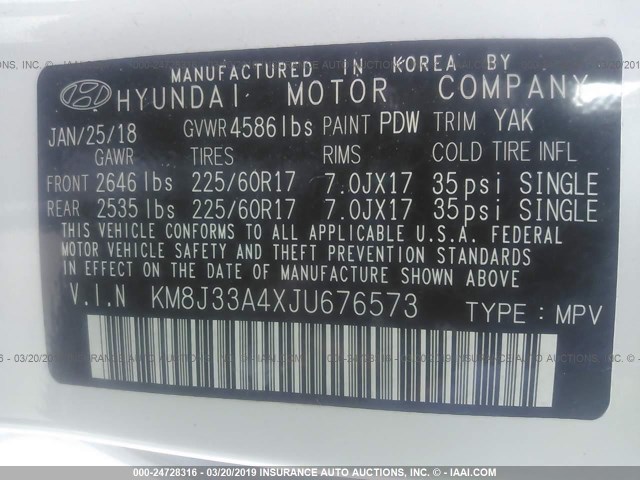 KM8J33A4XJU676573 - 2018 HYUNDAI TUCSON LIMITED/SPORT AND ECO/SE WHITE photo 9