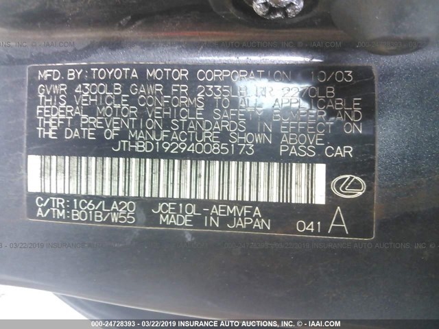 JTHBD192940085173 - 2004 LEXUS IS 300 GRAY photo 9