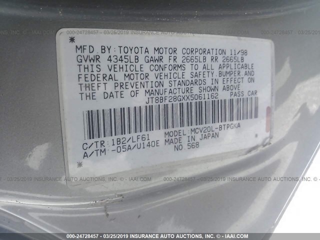 JT8BF28GXX5061162 - 1999 LEXUS ES 300 Champagne photo 9