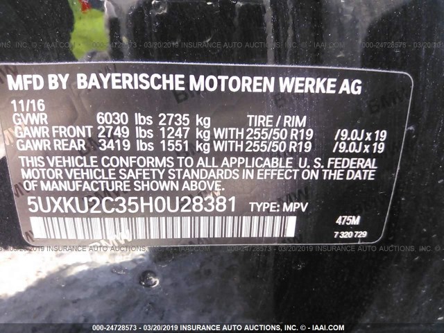 5UXKU2C35H0U28381 - 2017 BMW X6 XDRIVE35I BLACK photo 9