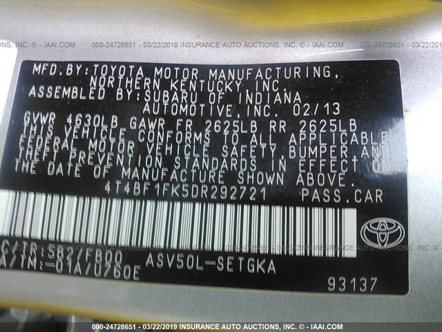 4T4BF1FK5DR292721 - 2013 TOYOTA CAMRY L/SE/LE/XLE Qəhvəyi foto 9