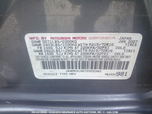 JA4MS31X67Z005342 - 2007 MITSUBISHI OUTLANDER ES/LS GRAY photo 9