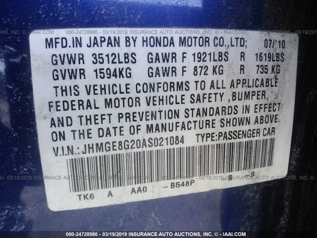 JHMGE8G20AS021084 - 2010 HONDA FIT BLUE photo 9