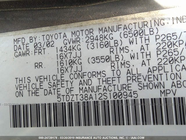 5TDZT38A12S100945 - 2002 TOYOTA SEQUOIA LIMITED GRAY photo 9