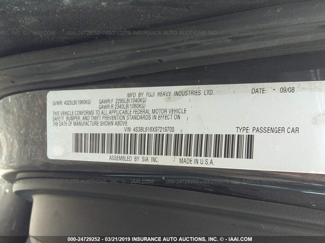 4S3BL616X97219705 - 2009 SUBARU LEGACY 2.5I GRAY photo 9