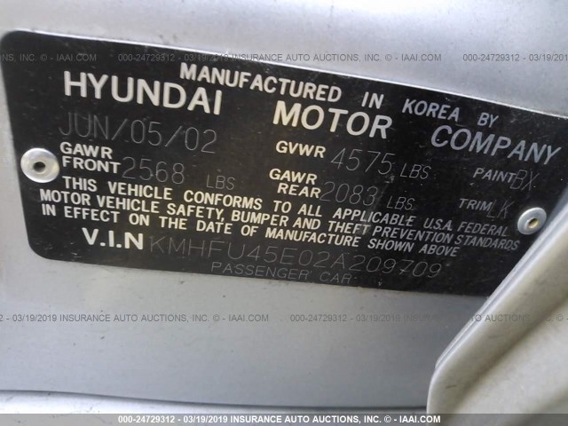 KMHFU45E02A209709 - 2002 HYUNDAI XG 350 SILVER photo 9