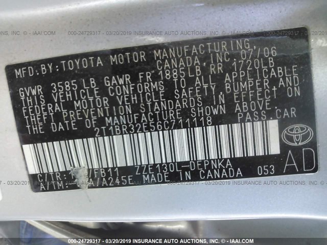 2T1BR32E56C711118 - 2006 TOYOTA COROLLA CE/LE/S SILVER photo 9