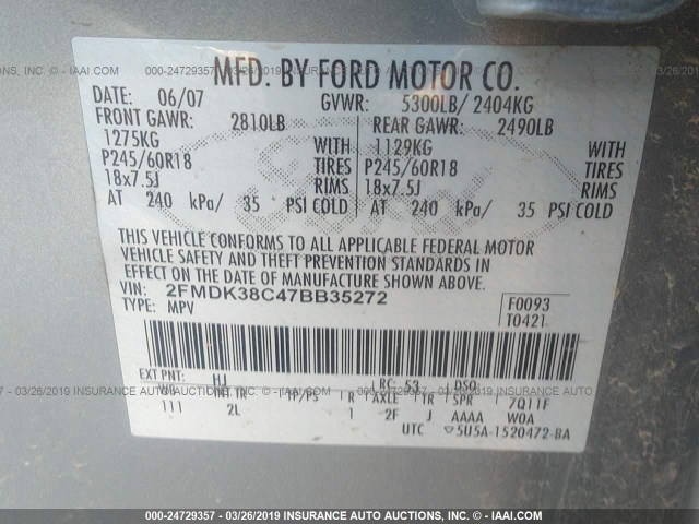 2FMDK38C47BB35272 - 2007 FORD EDGE SEL SILVER photo 9