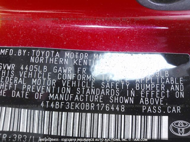 4T4BF3EK0BR176448 - 2011 TOYOTA CAMRY SE/LE/XLE RED photo 9