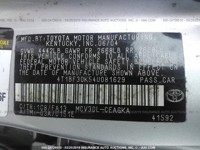 4T1BF30K54U081629 - 2004 TOYOTA CAMRY LE/XLE/SE SILVER photo 9