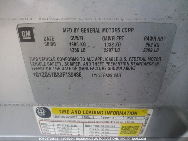 1G1ZG57B39F139436 - 2009 CHEVROLET MALIBU LS SILVER photo 9