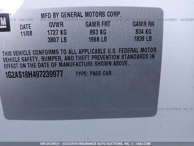 1G2AS18H497239977 - 2009 PONTIAC G5 WHITE photo 9