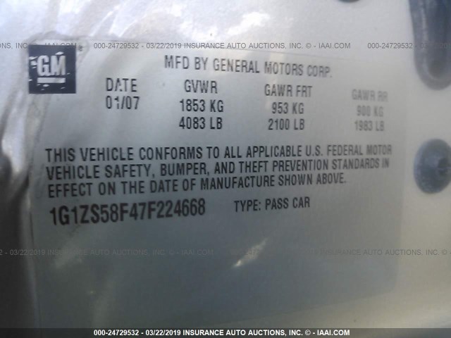 1G1ZS58F47F224668 - 2007 CHEVROLET MALIBU LS SILVER photo 9