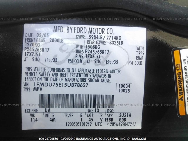 1FMDU75E15UB78627 - 2005 FORD EXPLORER LIMITED BLACK photo 9