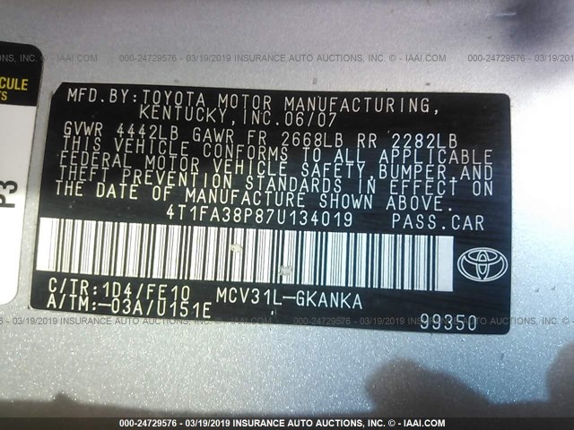 4T1FA38P87U134019 - 2007 TOYOTA CAMRY SOLARA SE/SLE SILVER photo 9